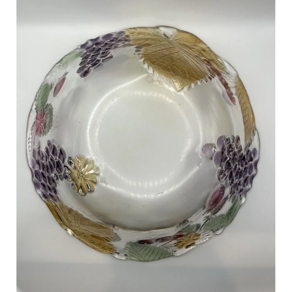 Vintage Mikasa Chablis Colorful Fruit Leaves Oval Blown‎ Glass Dessert Bowl